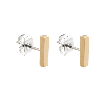 Gold Bar Studs -solid titanium- and studs and backs- Feature a small and minimal design on a white background