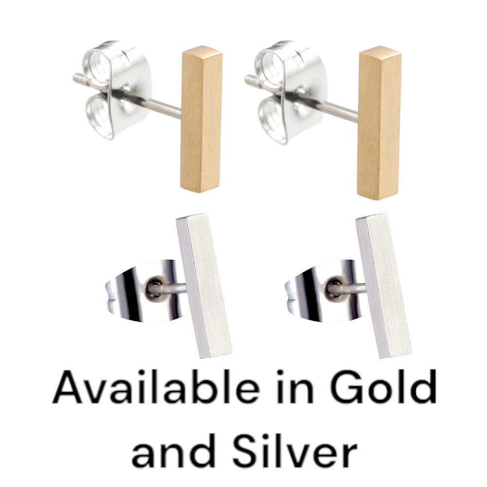 Gold and Silver Bar Studs -solid titanium- and studs and backs- Feature a small and minimal design on a white background