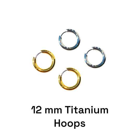 Two pairs of 12 mm titanium hoop earrings on a white background.