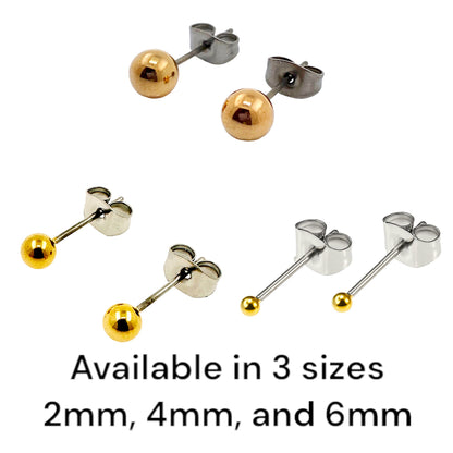 Gold Titanium Ball Studs. Titanium Studs with titanium backs. These minimal studs in 3 sizes shown on a white background