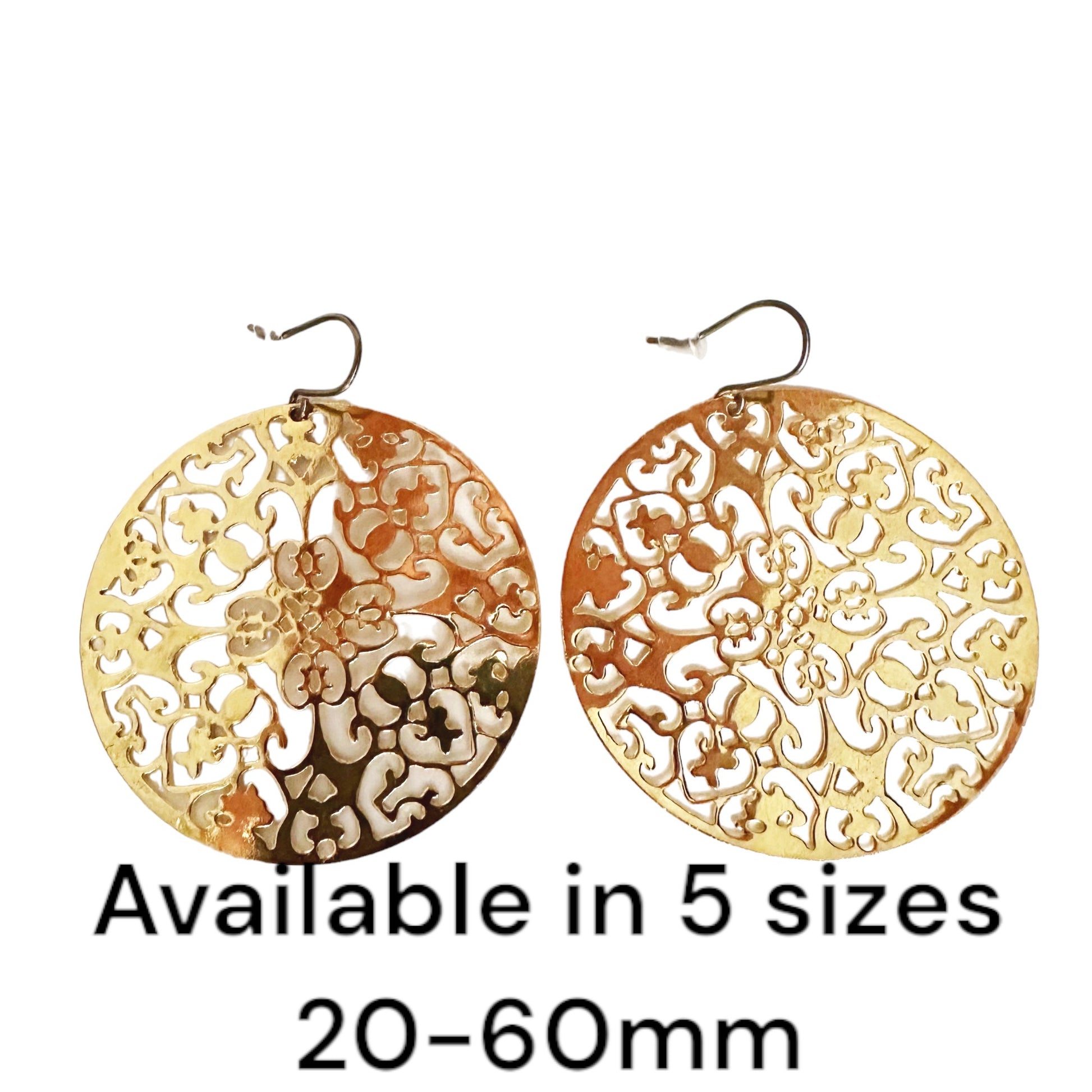 Gold Geometric disc earrings 45mm diameter with a titanium hook on a white background +