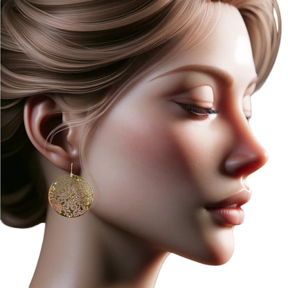 Gold Geometric disc earrings 45mm diameter with a titanium hook on a white young woman.