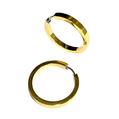 Gold Titanium Hoop earrings with shiny gold finish 24mm. Made 100% from titanium on a white background