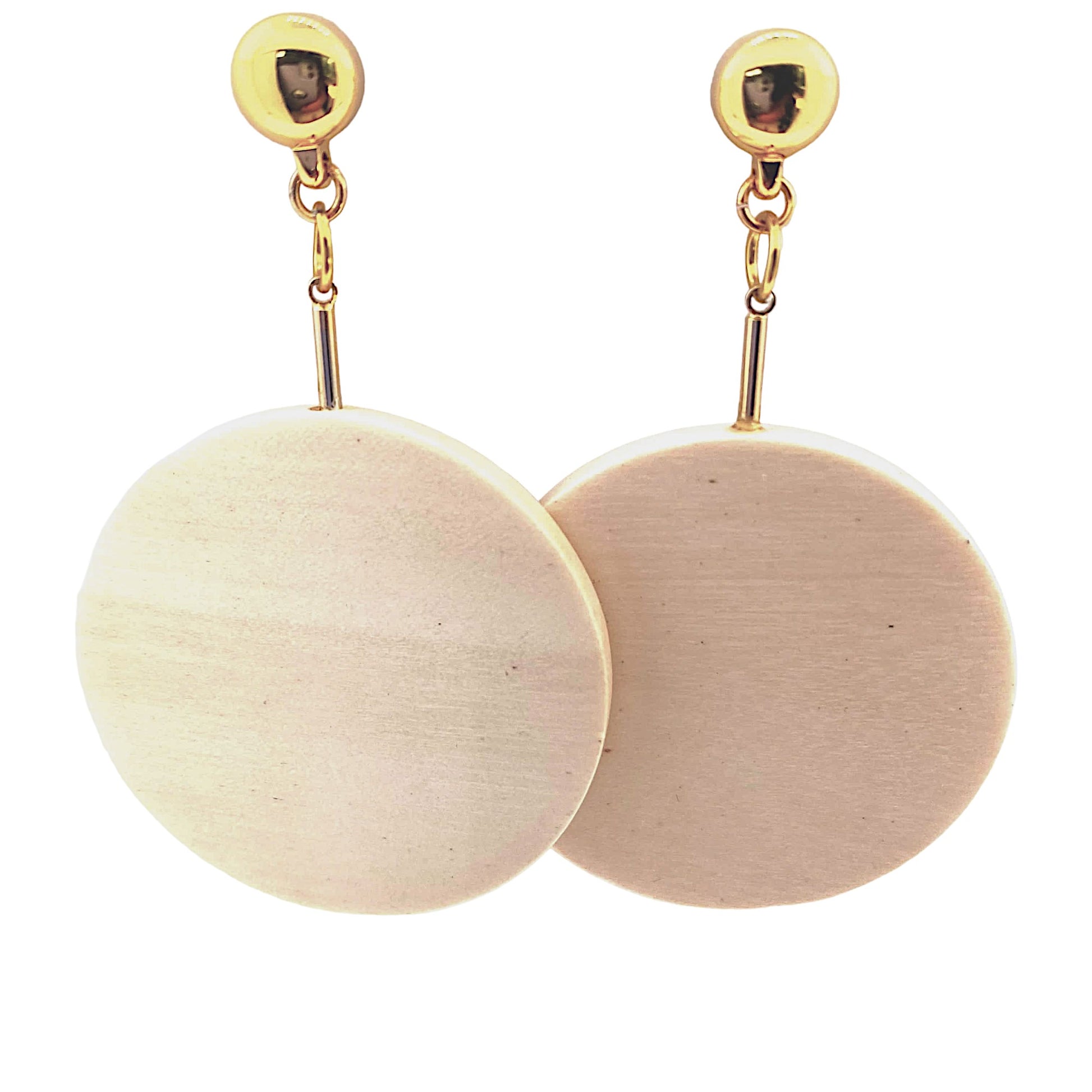 TI-GO Gold drop earring with a hanging wooden disc. Detachable earrings for a truly hypoallergenic jewellery on a white background