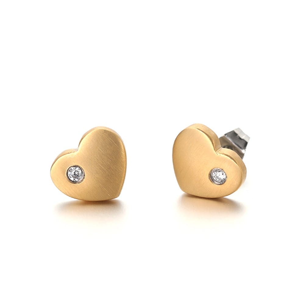 Golden Diamond Heart Studs. Titanium Studs with titanium backs. These studs shown on a white background 