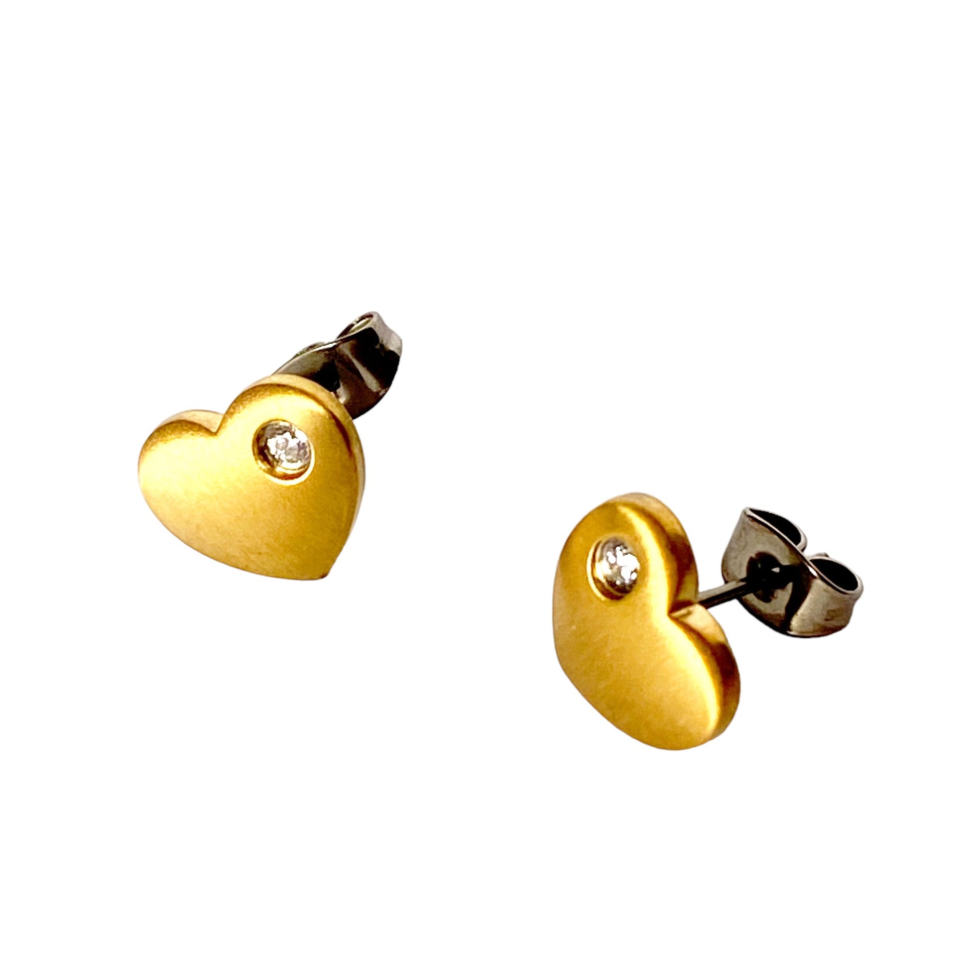 Golden Diamond Heart Studs. Titanium Studs with titanium backs. These studs shown on a white background