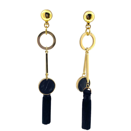 TI-GO Gold ring, bar, black and a hanging tussle earring.. Detachable earrings for a truly hypoallergenic jewellery on a white background
