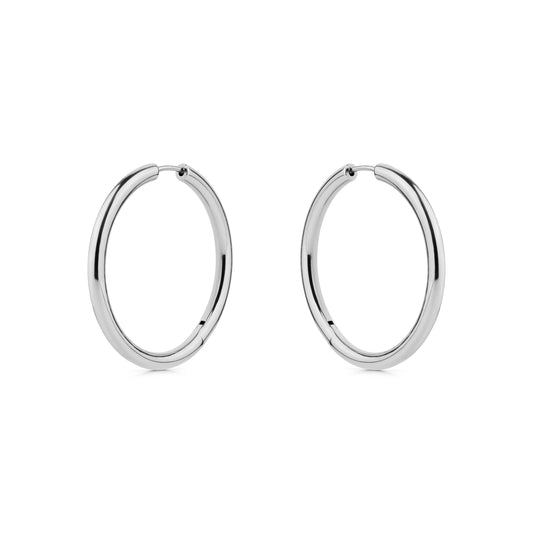 Pair of silver titanium hoop earrings on a white background