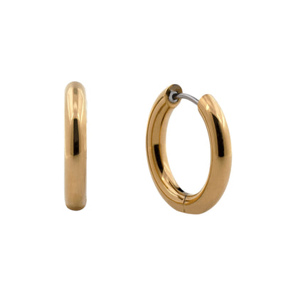 Gold titanium hoop earrings on a white background