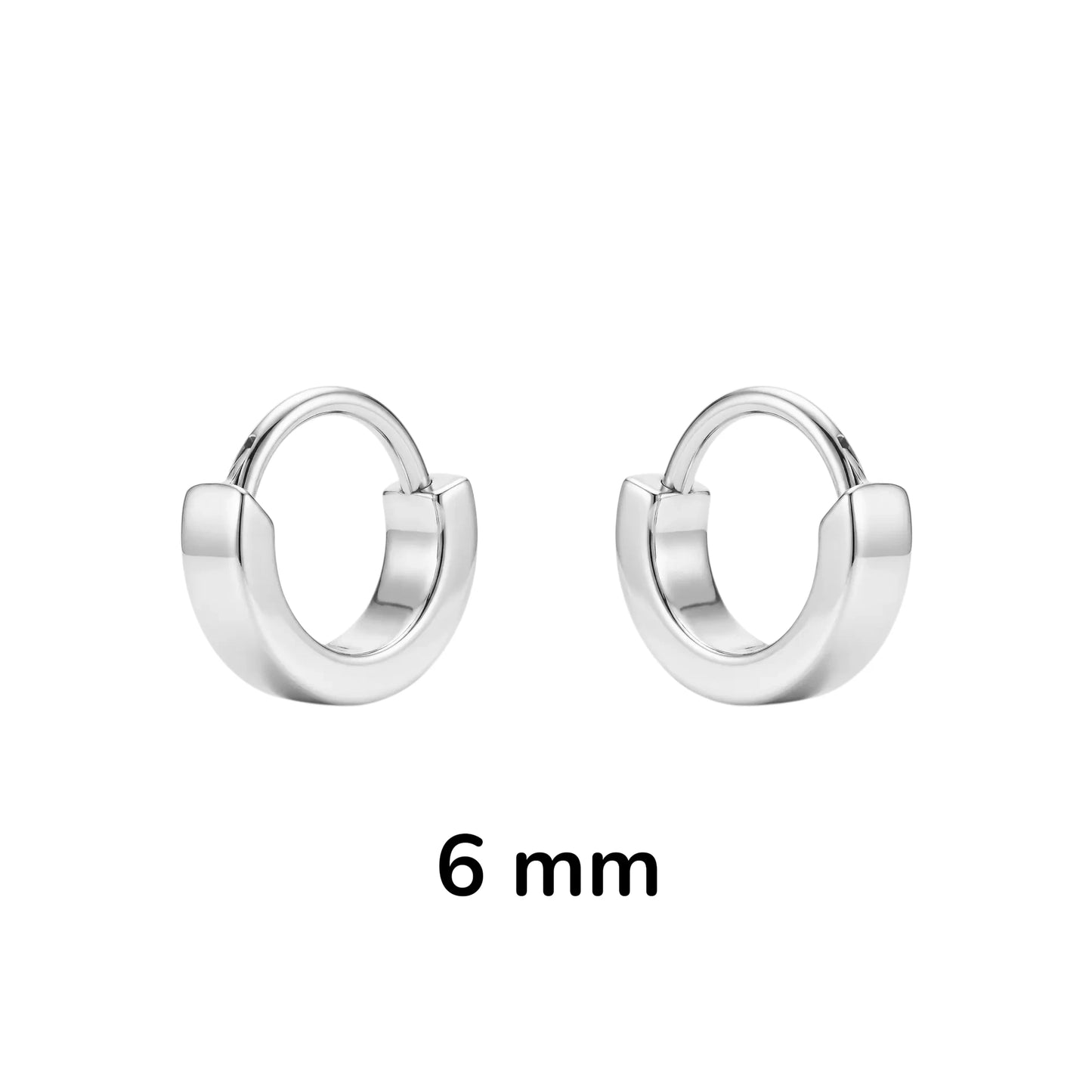 Silver titanium hoop earrings with '6 mm' text on a white background