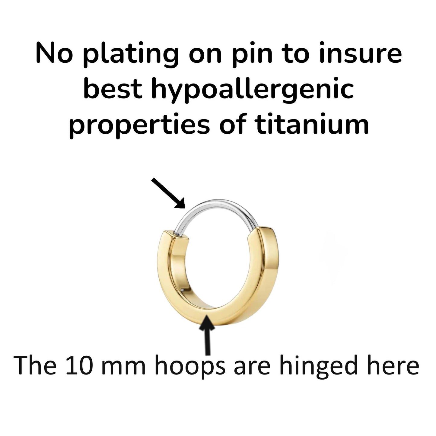 Hoop earring with a pin on a white background, highlighting the importance of hypoallergenic properties and hinge pos.tion for the 10 mm hoops