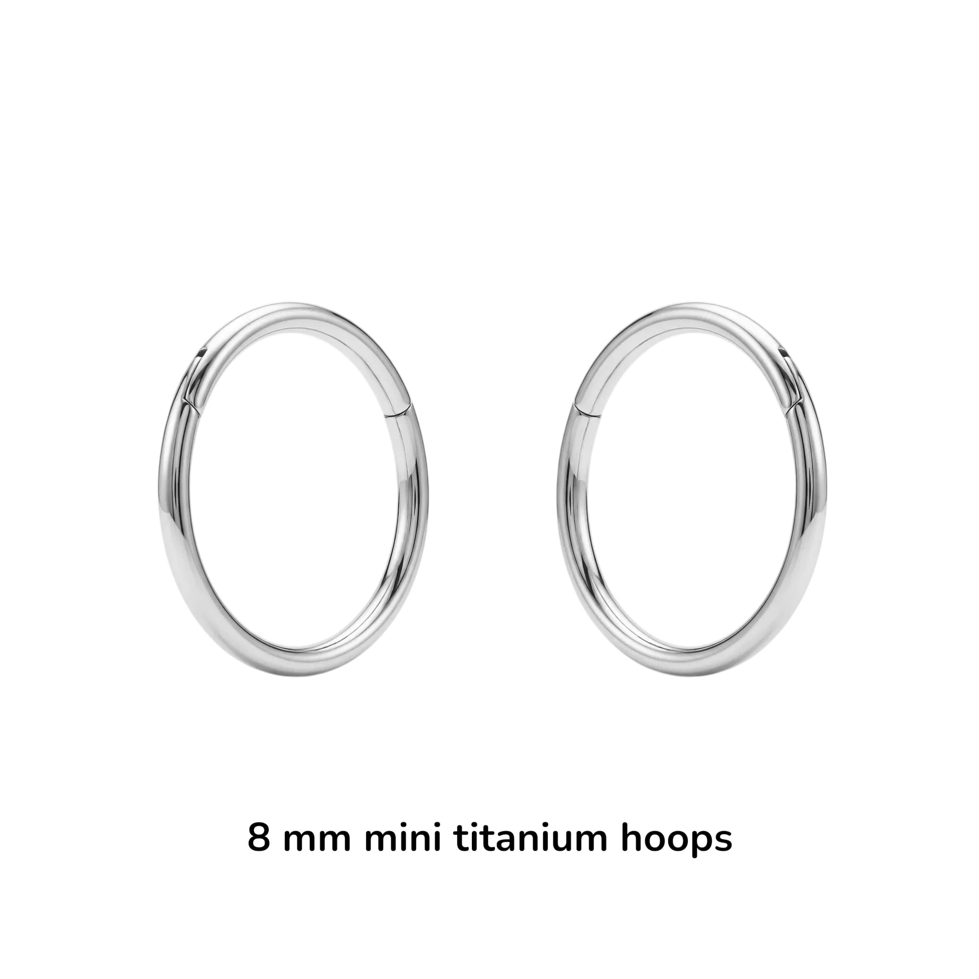 8 mm mini titanium hoops on a white background