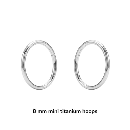 8 mm mini titanium hoops on a white background