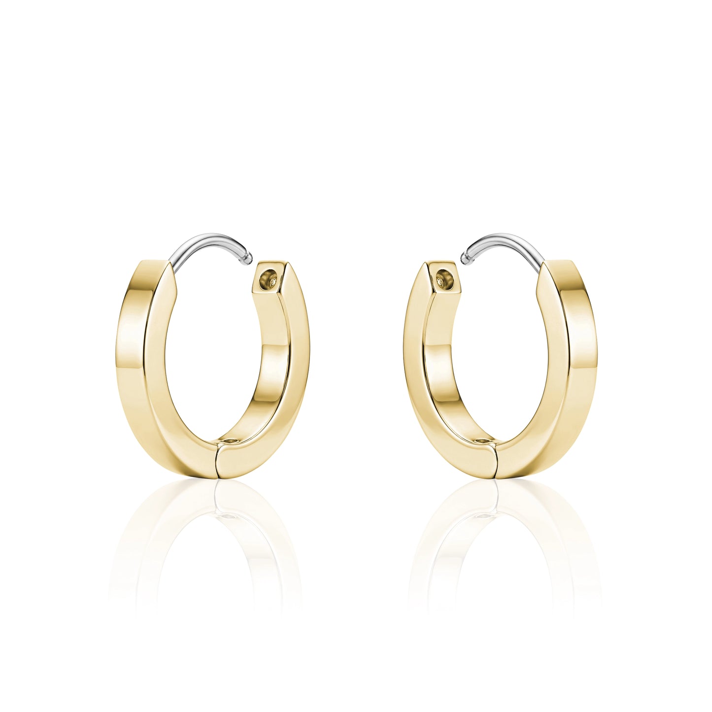 Gold titanium 10 mm hoop earrings on a white background
