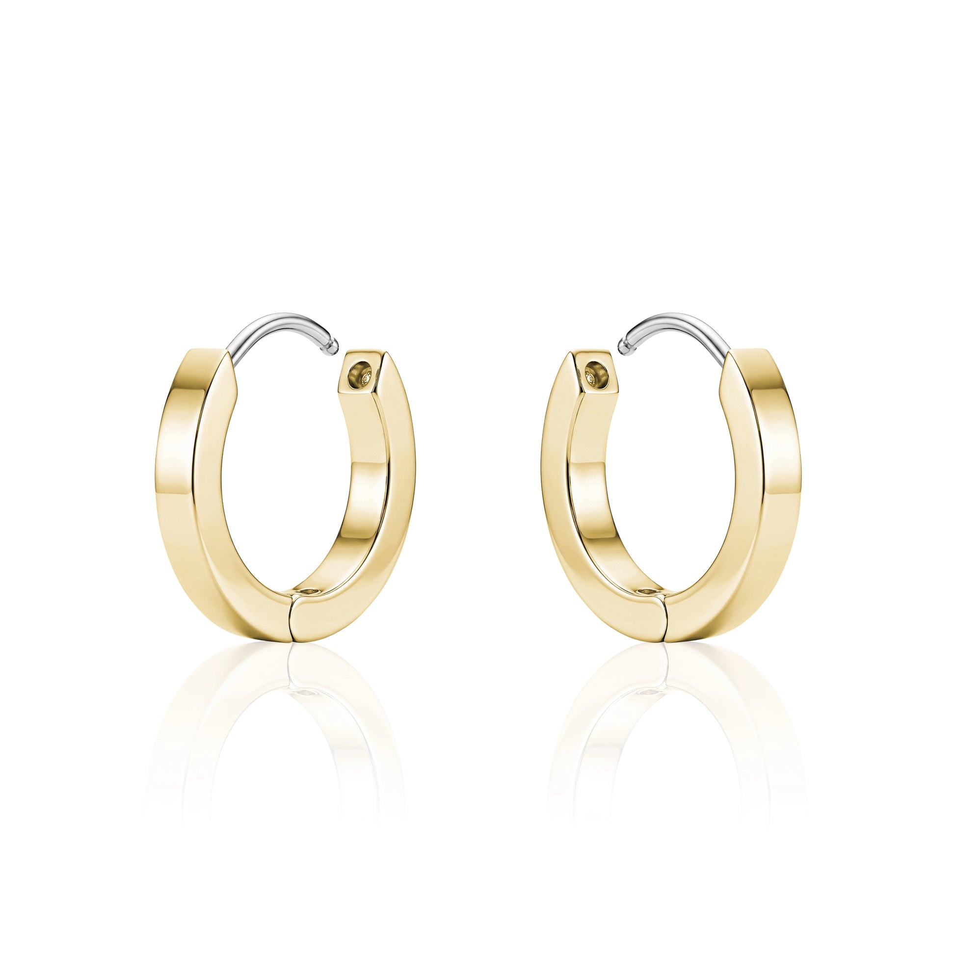 Gold titanium 10 mm hoop earrings on a white background
