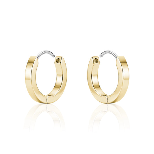 Gold titanium 10 mm hoop earrings on a white background