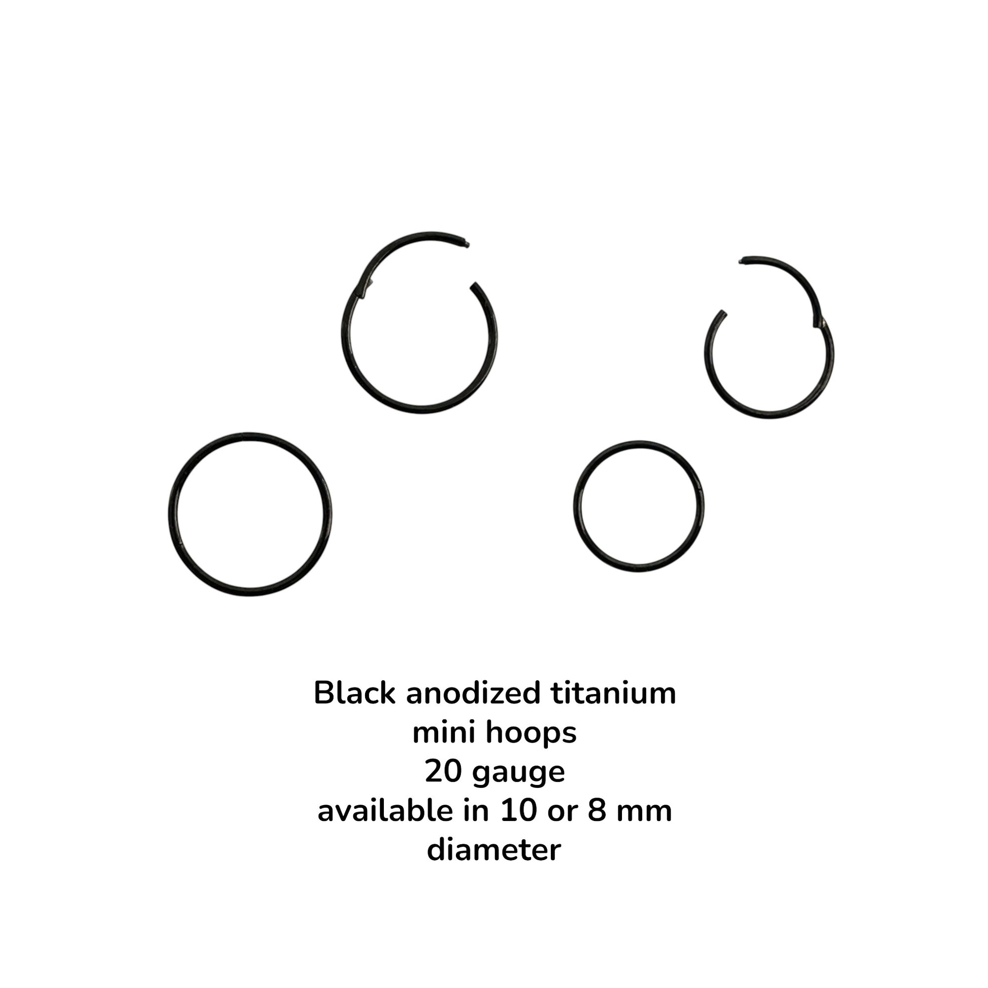 Black anodized titanium mini hoop earrings on a white background with text detailing gauge and diameter.