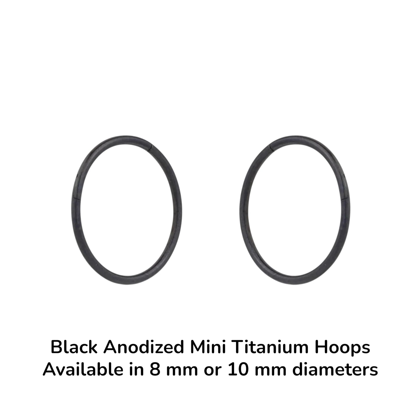 Two black anodized mini titanium hoops on a white background with text indicating size options.