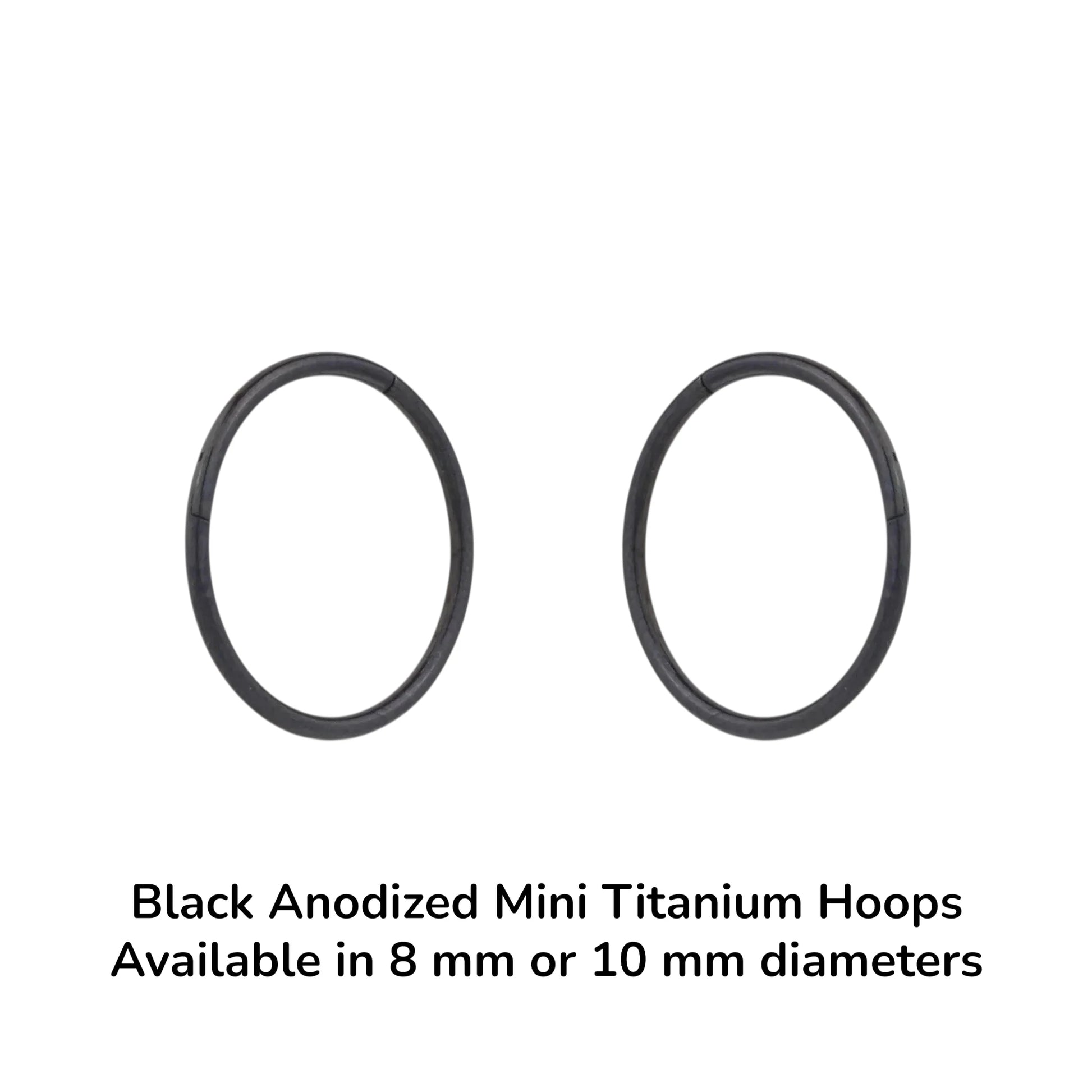 Two black anodized mini titanium hoops on a white background with text indicating size options.