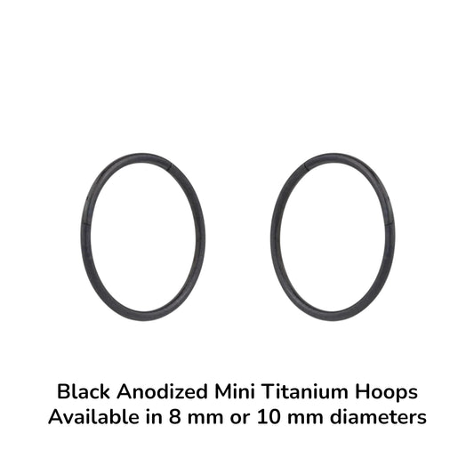 Two black anodized mini titanium hoops on a white background with text indicating size options.