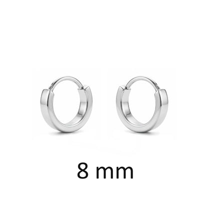 Silver titanium hoop earrings with '8 mm' text on a white background