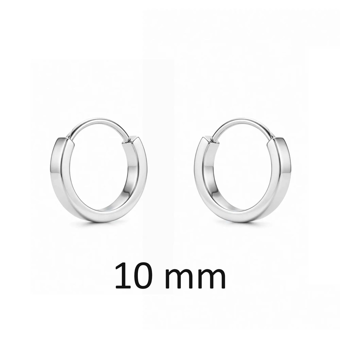 Silver titanium hoop earrings with '10 mm' text on a white background