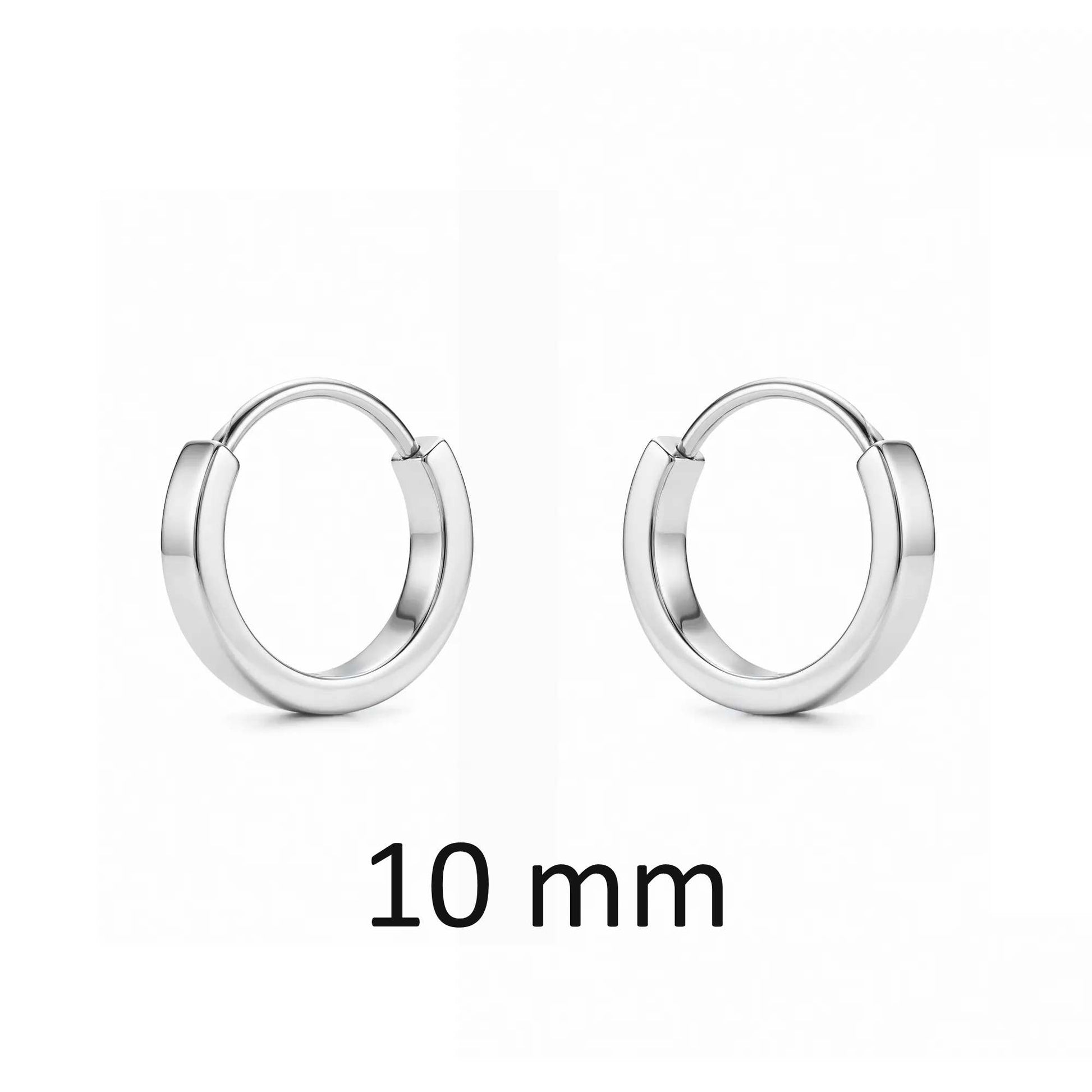 Silver titanium hoop earrings with '10 mm' text on a white background