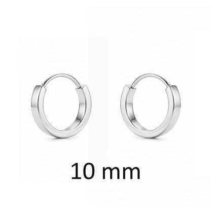 Silver titanium hoop earrings with '10 mm' text on a white background