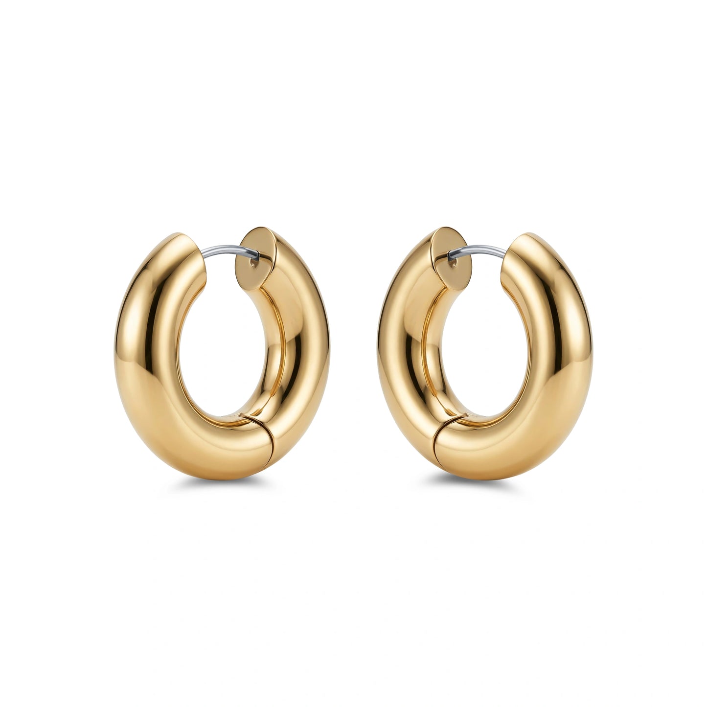 Chunky Gold titanium hoop earrings on a white background