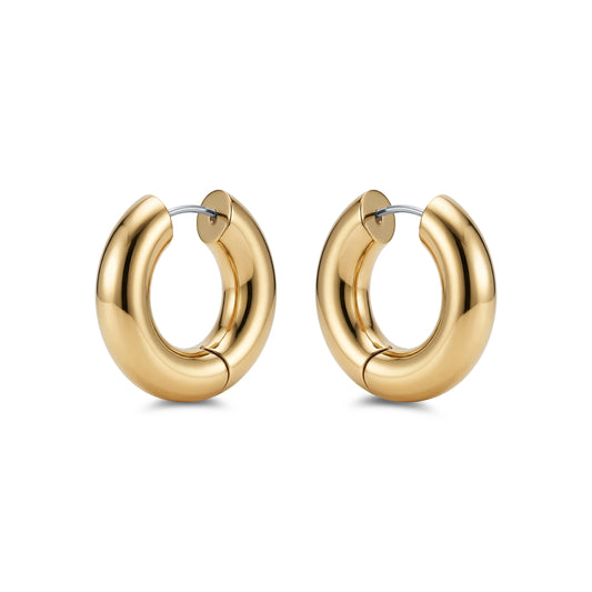Chunky Gold titanium hoop earrings on a white background
