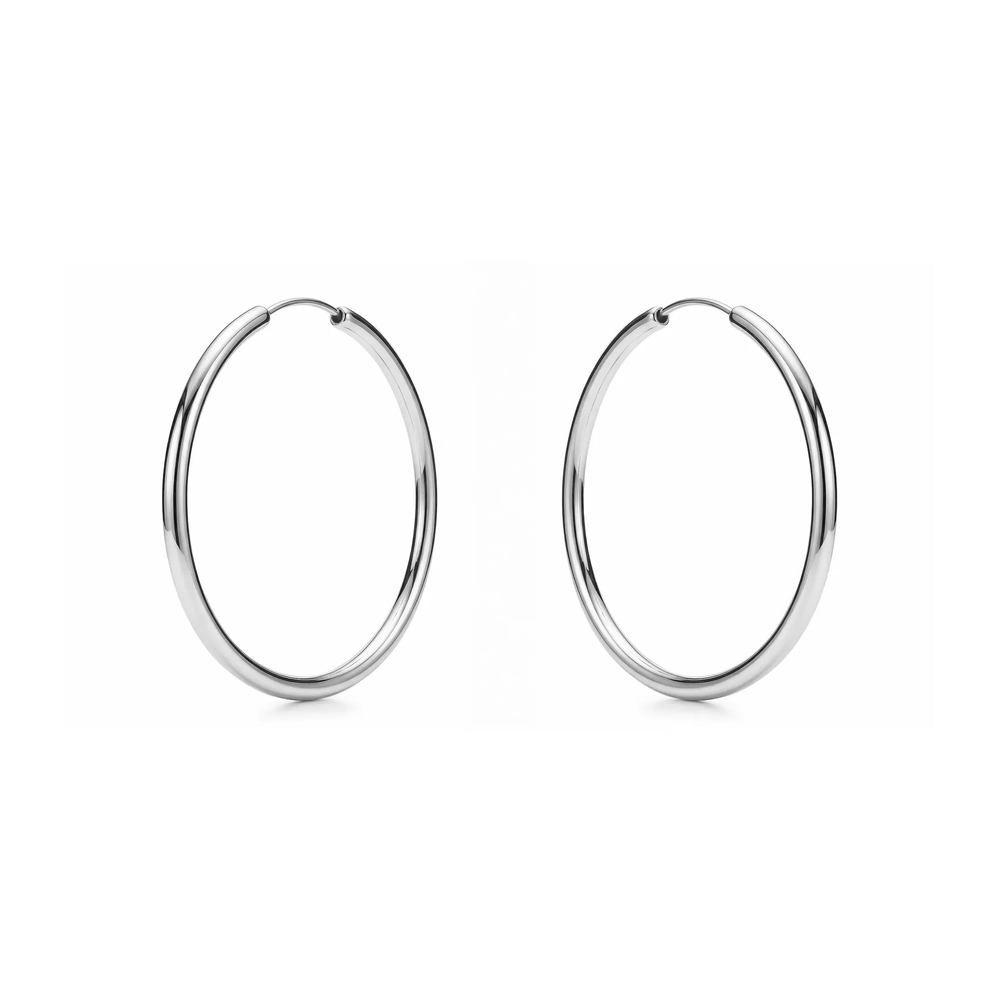 Silver Hoops made with a titanium pin  45 mm titanium earring pair on a white background