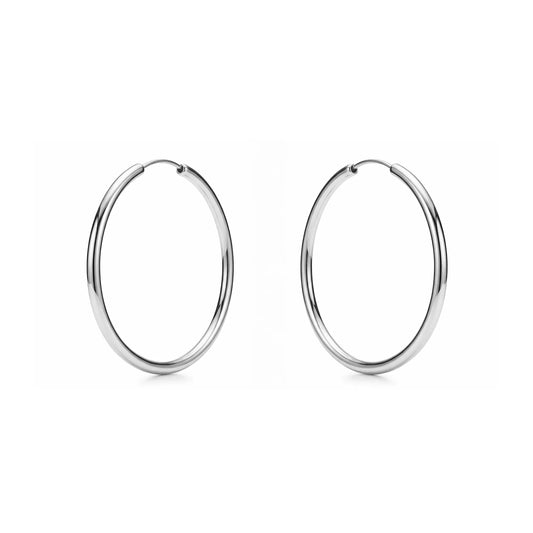 Silver Hoops made with a titanium pin  45 mm titanium earring pair on a white background
