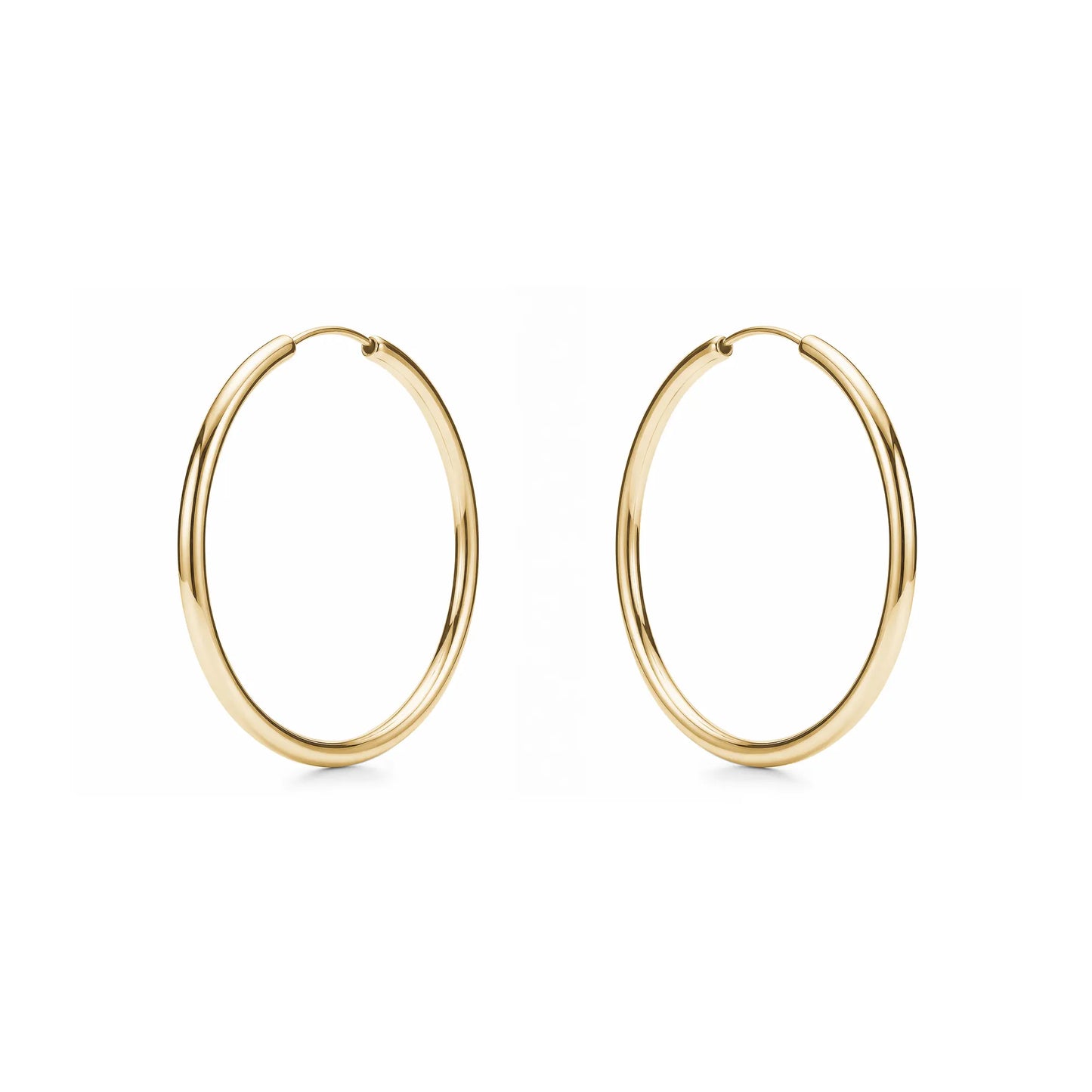 Gold hoops titanium large 45 mm earrings pair on a white background