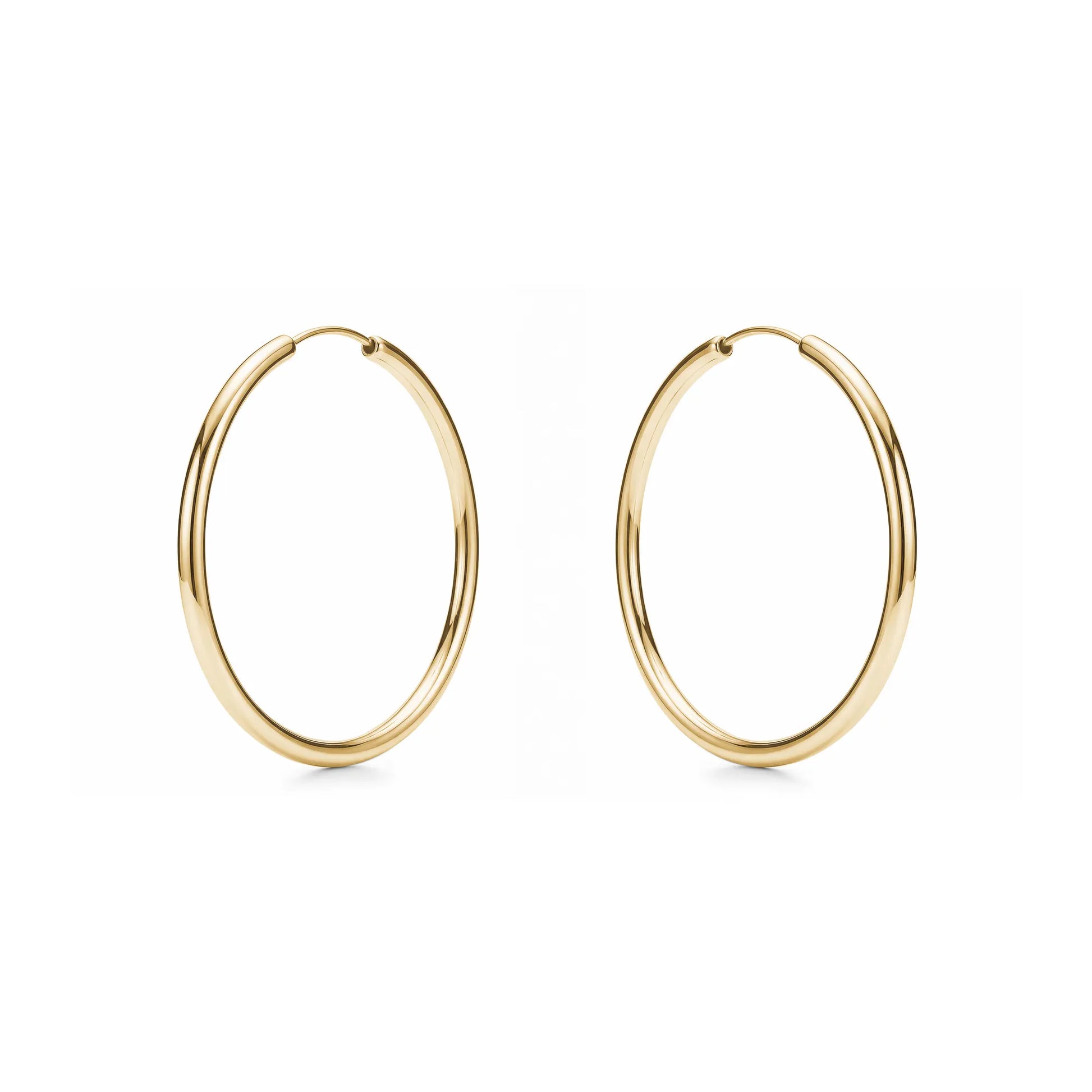 Gold hoops titanium large 45 mm earrings pair on a white background