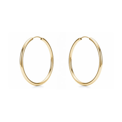 Gold hoops titanium large 45 mm earrings pair on a white background