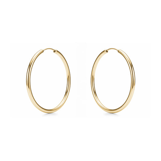 Gold hoops titanium large 45 mm earrings pair on a white background