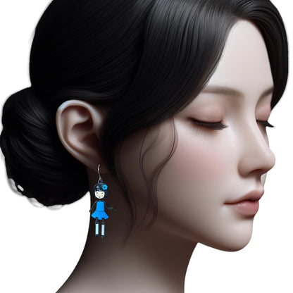 Harajuku Girl Charm Drop Earrings with a titanium hook on a white young woman. blue