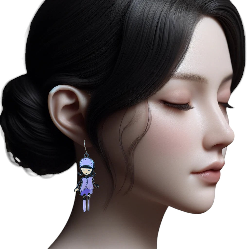 Harajuku Girl Charm Drop Earrings with a titanium hook on a white young woman. purple