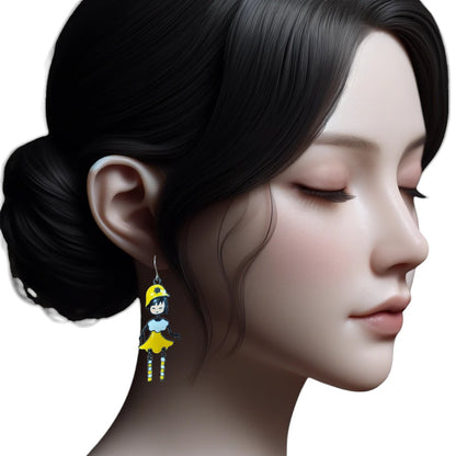 Harajuku Girl Charm Drop Earrings with a titanium hook on a white young woman. yellow