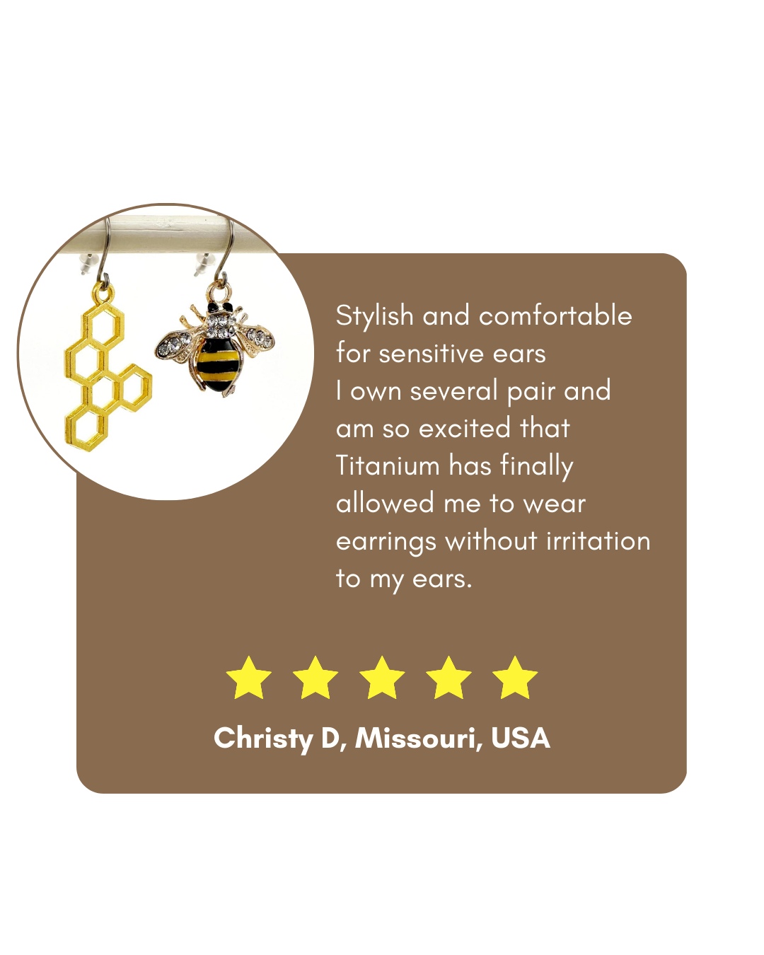 inset of bee and honey earrings with review from Christy D in Missouri, USA