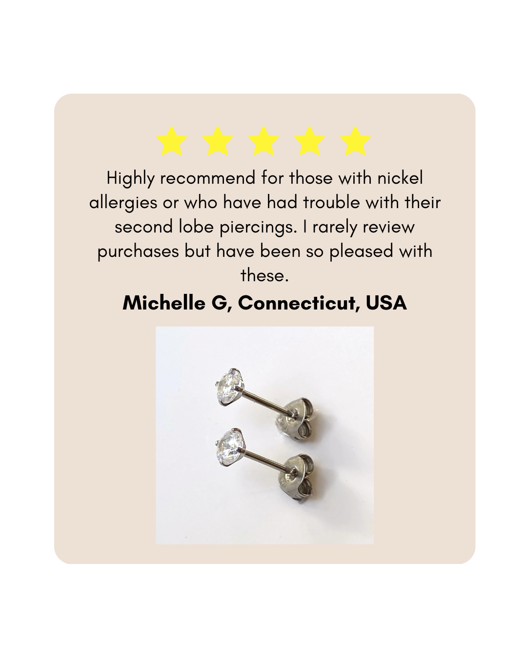 inset of diamond gem stud earrings with review from Michelle G in Connecticut, USA