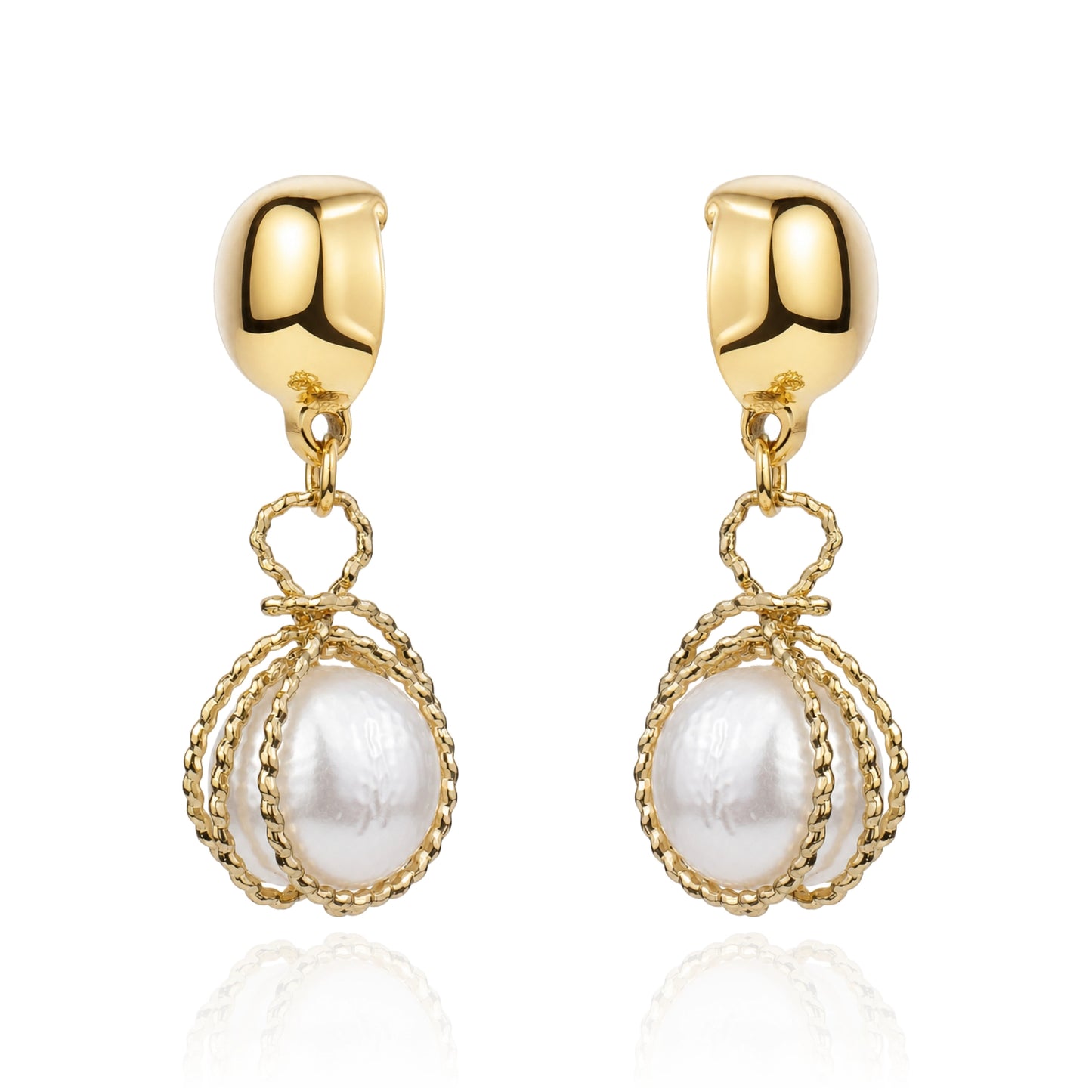 Gold caged pearl earring. Detachable earrings for a truly hypoallergenic jewellery on a white background