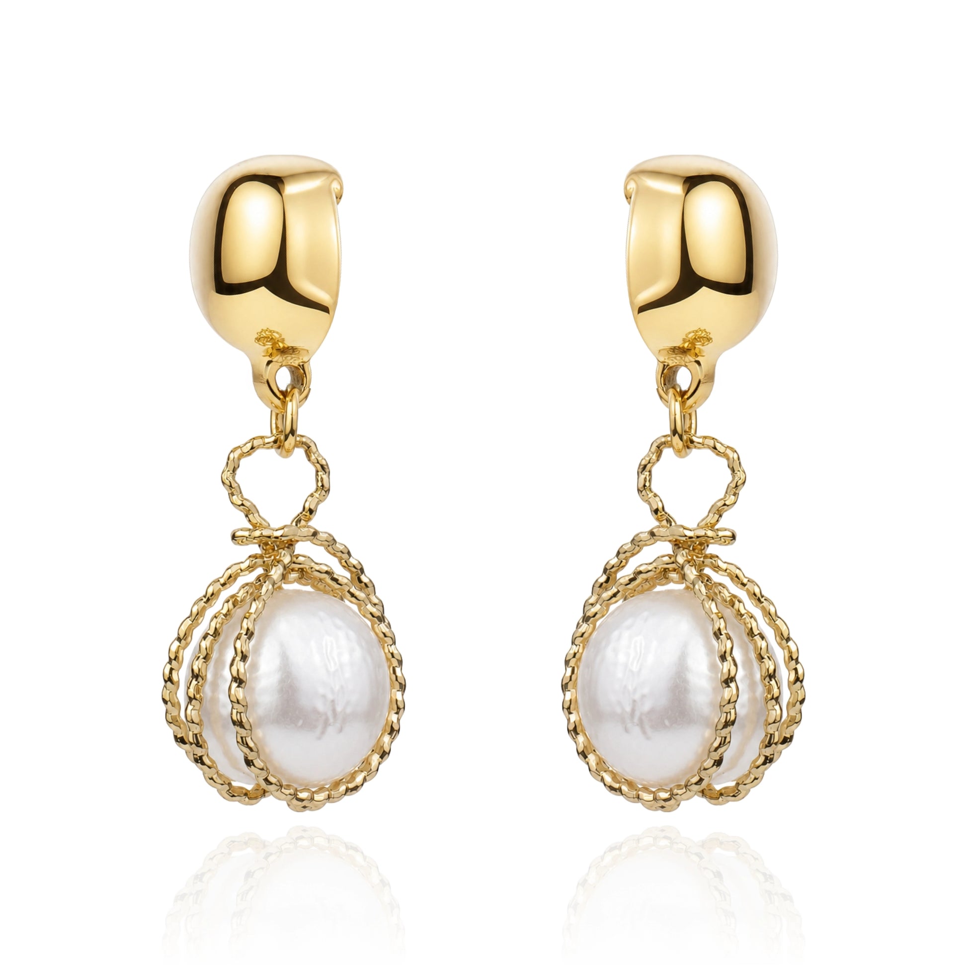 Gold caged pearl earring. Detachable earrings for a truly hypoallergenic jewellery on a white background