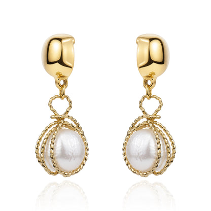 Gold caged pearl earring. Detachable earrings for a truly hypoallergenic jewellery on a white background