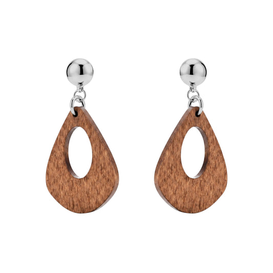 Wooden Water Drop Earrings. Detachable titanium earrings for a truly hypoallergenic jewellery on a white background