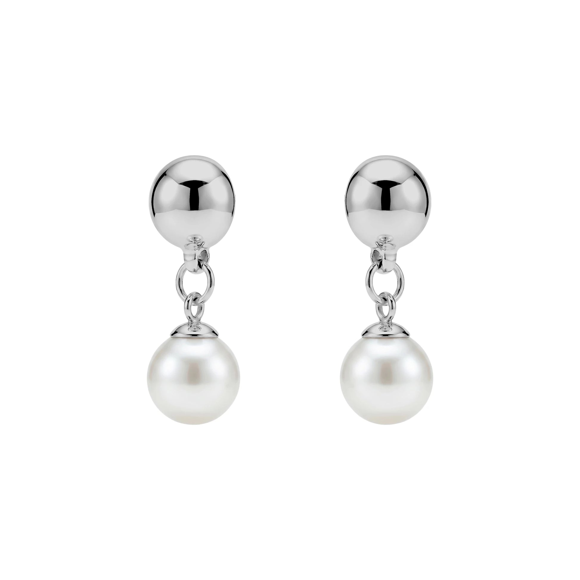Small pearl earrings. Detachable earrings for a truly hypoallergenic jewellery on a white background