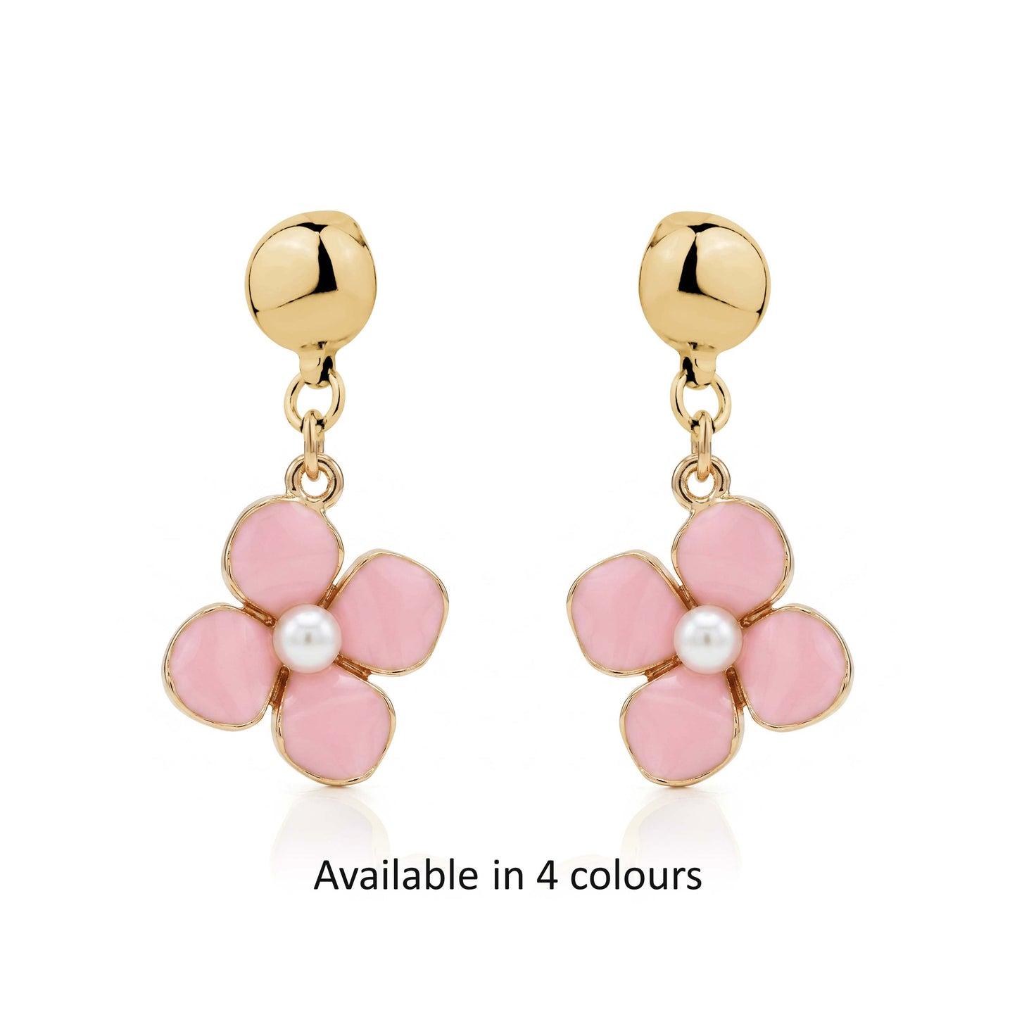 Pair of interchangeable titanium pink flower earrings with gold accents avaialable in 4 colours  on a white background
