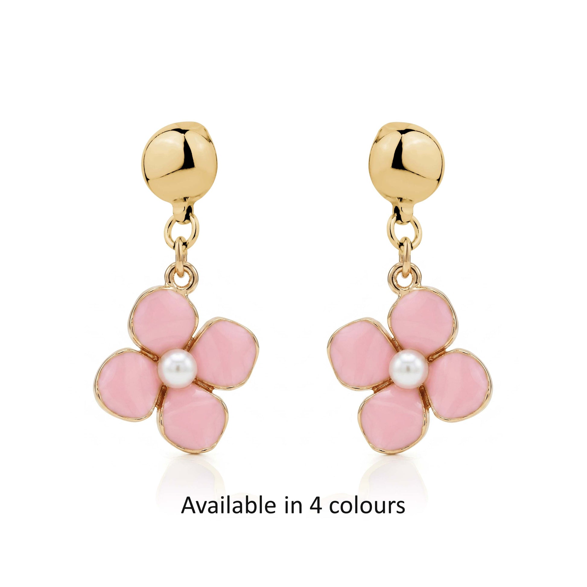 Pair of interchangeable titanium pink flower earrings with gold accents avaialable in 4 colours  on a white background