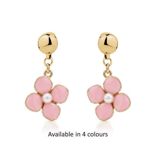 Pair of interchangeable titanium pink flower earrings with gold accents avaialable in 4 colours  on a white background