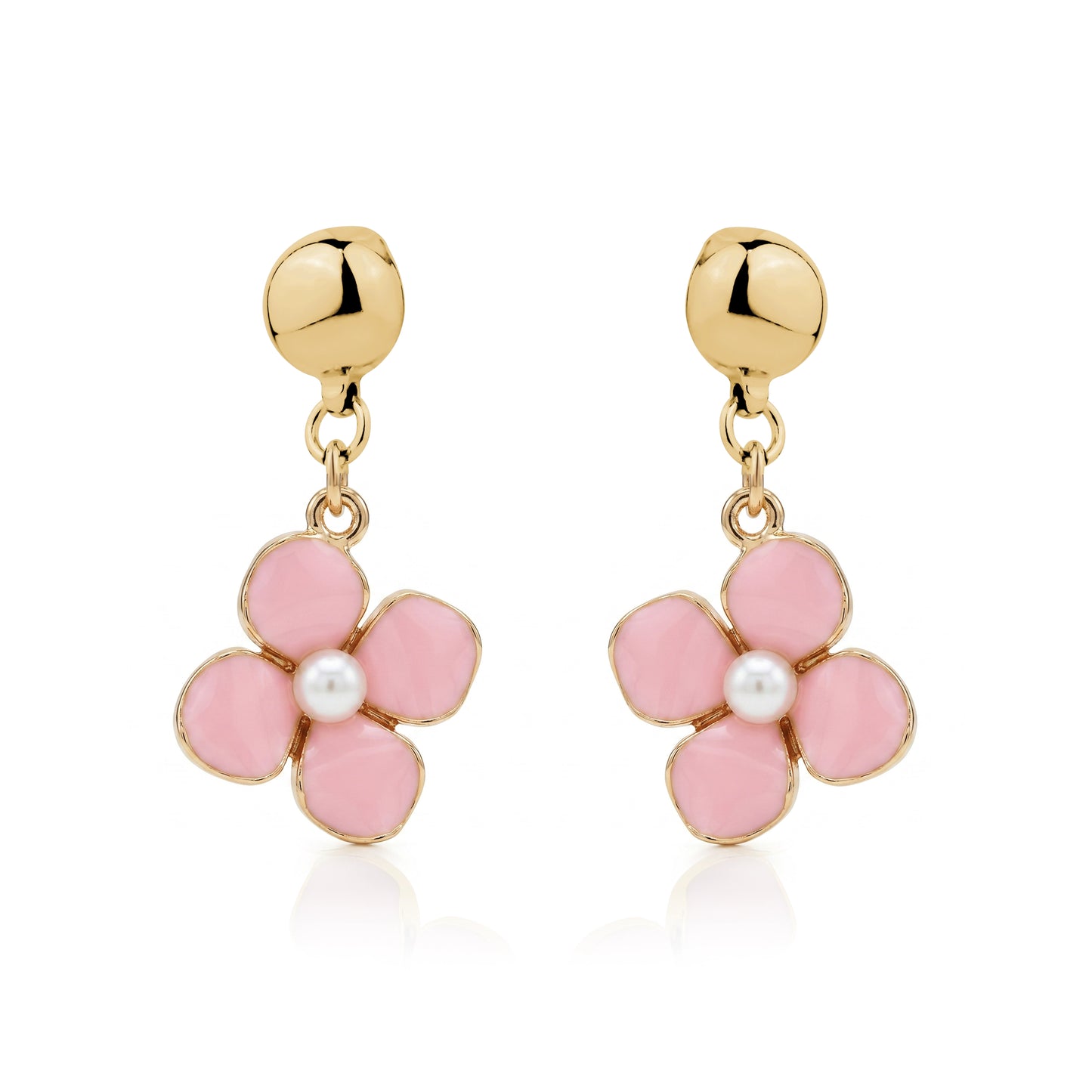 Pair of interchangeable titanium pink flower earrings with gold accents on a white background